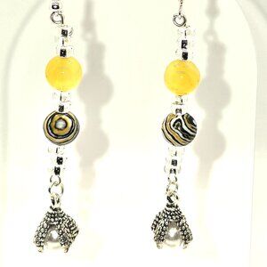 Yellow bead with swirls and dragon claw charm with faux pearl, Dangle Earrings